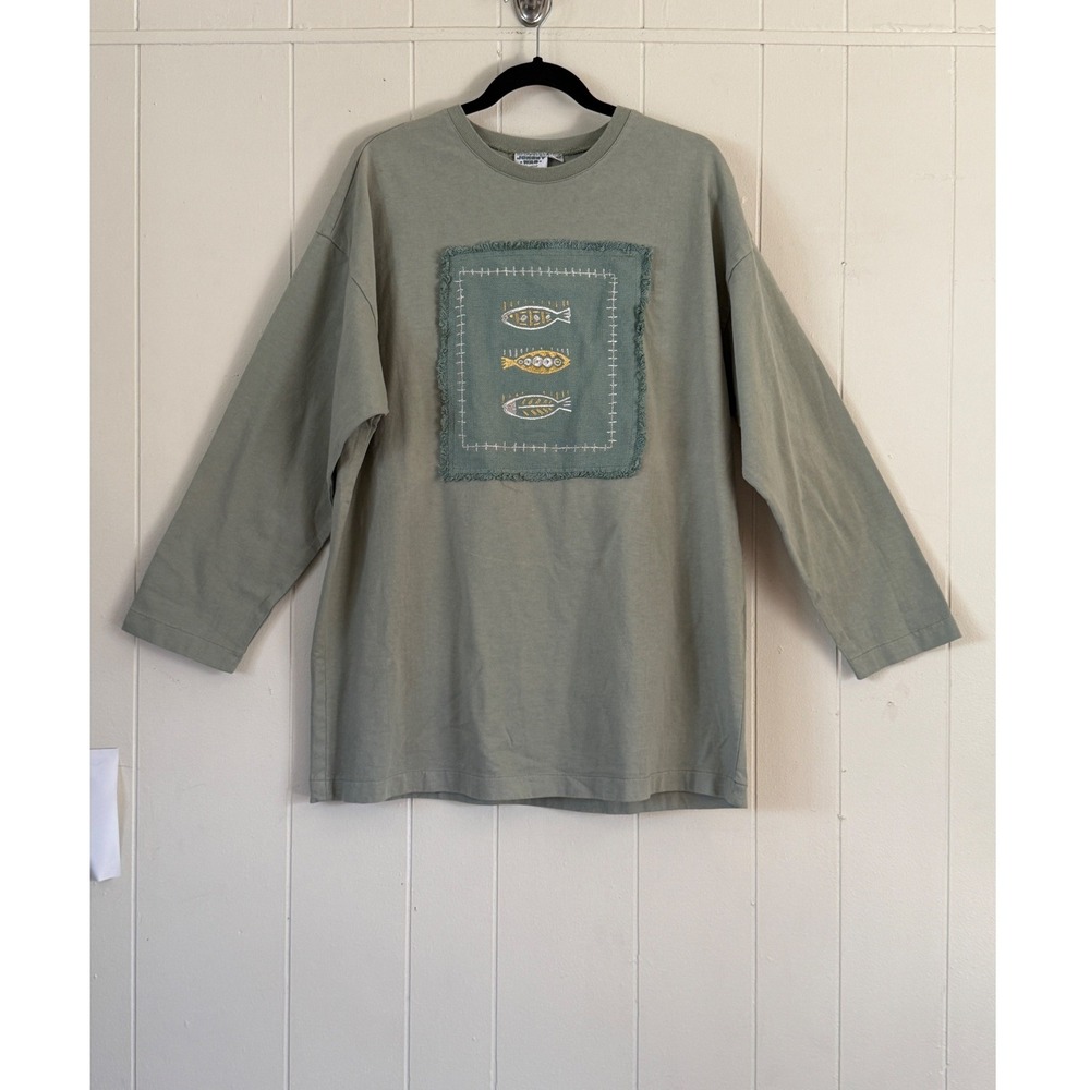 Johnny Was Womens Sage Green Embroidered Fish Patch Long Sleeve T-Shirt One Size